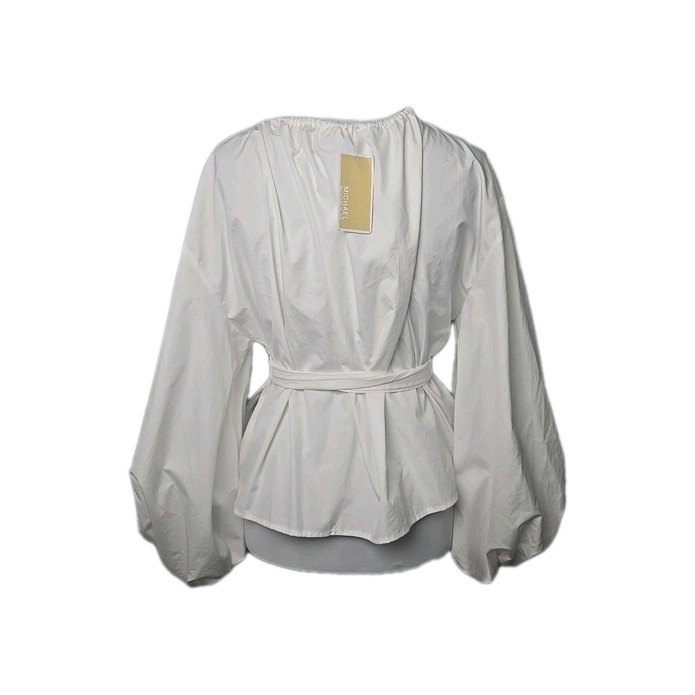 MK Michael Kors White Poplin Cotton‎ Puff Sleeve Wrap Top Large  L New $145 - Picture 2 of 10